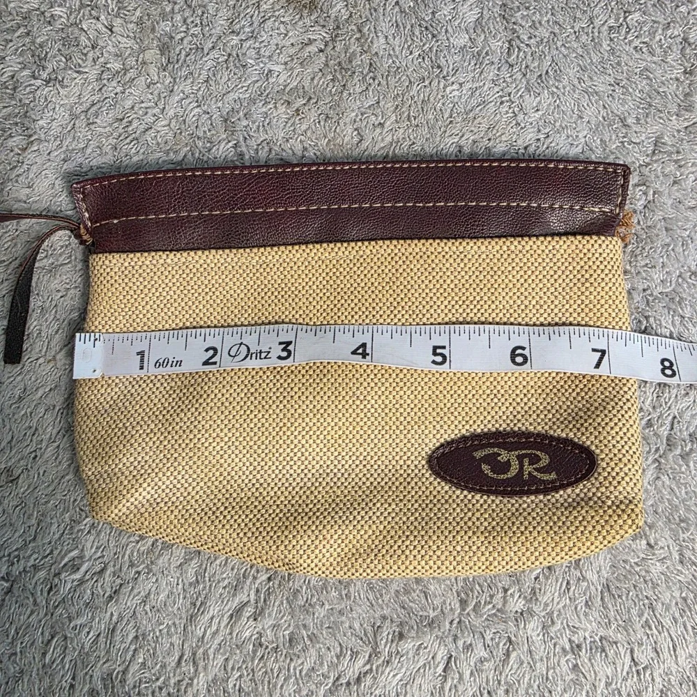 VINTAGE Oscar de la Renta‎ Cosmetic Pouch Beige Burgundy Canvas Zip Bag Small